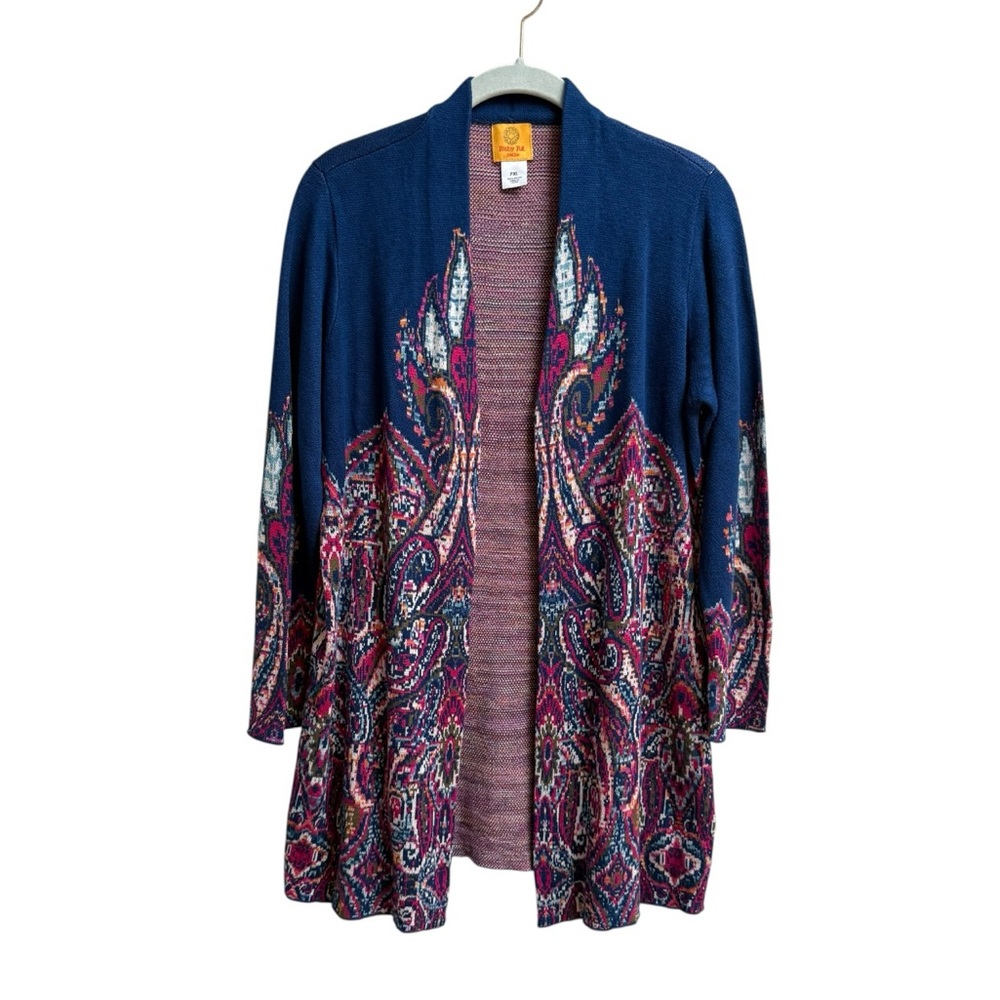 Women’s Boho Open Front Intarsia Knit Paisley Cardigan Sweater Blue PXL Blue